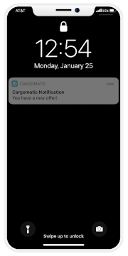 Screenshot of mobile phone with notification from Cargomatic